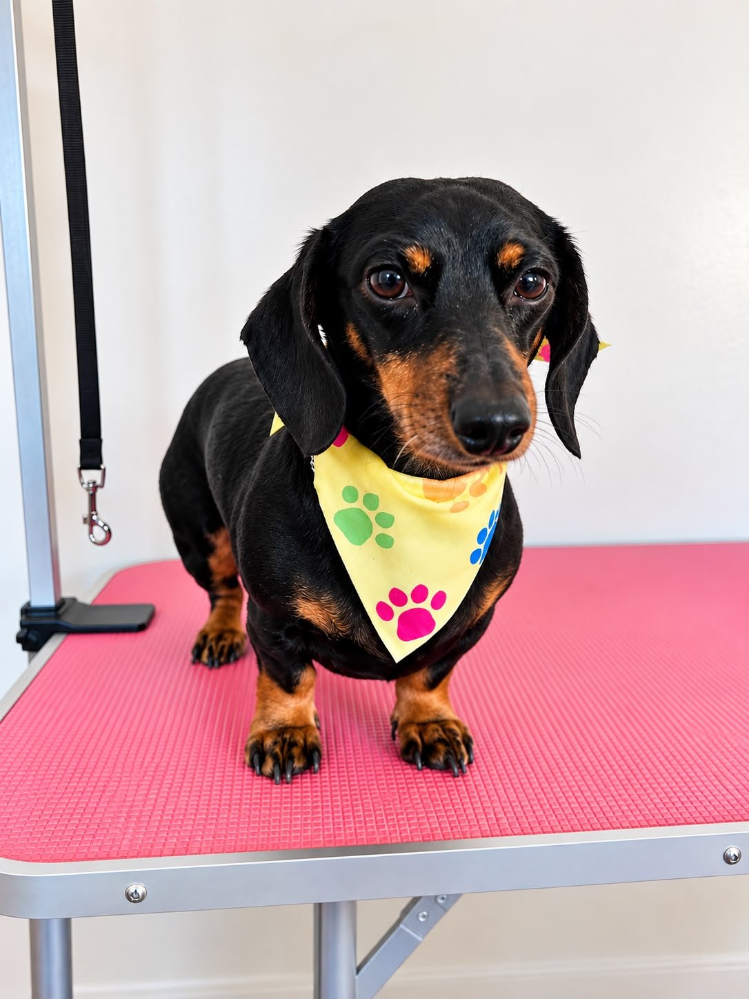 Happy dachshund in a paw-print bandana after grooming at Chula Pawz in St. George
